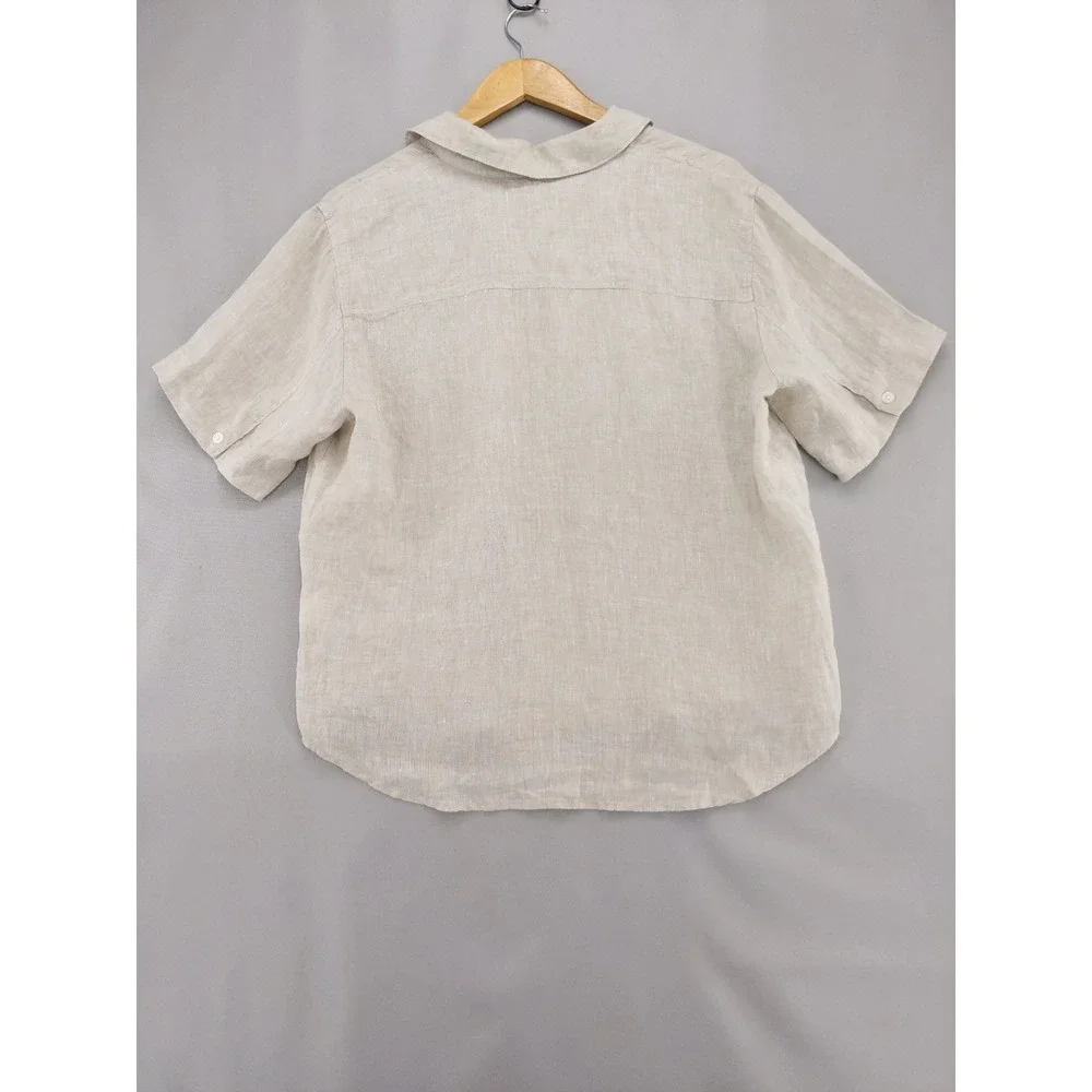 Rafaella Blouse Women Large Petite Beige 100% Linen V-Neck Short Sleeve Pocket